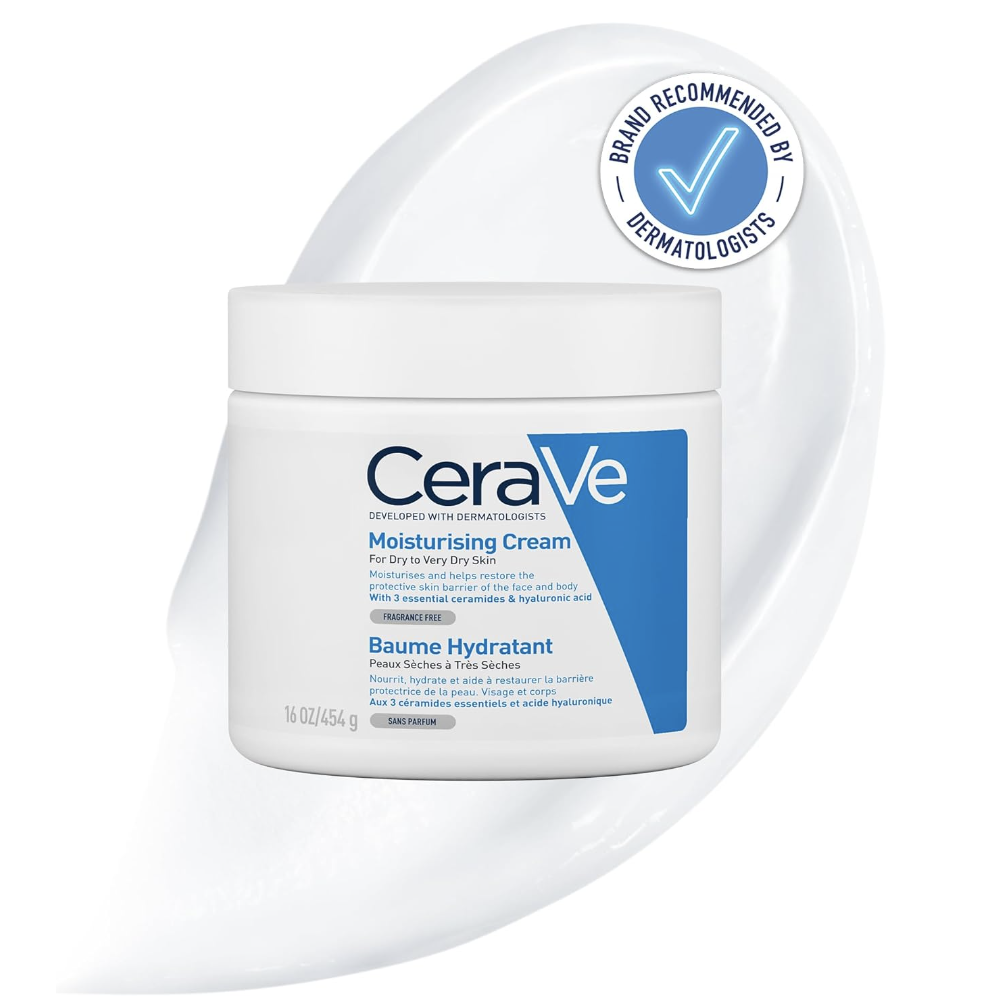 A bottle of CeraVe Moisturizing Cream moisturiser, which is a great moisturiser for dry skin with lower pricing